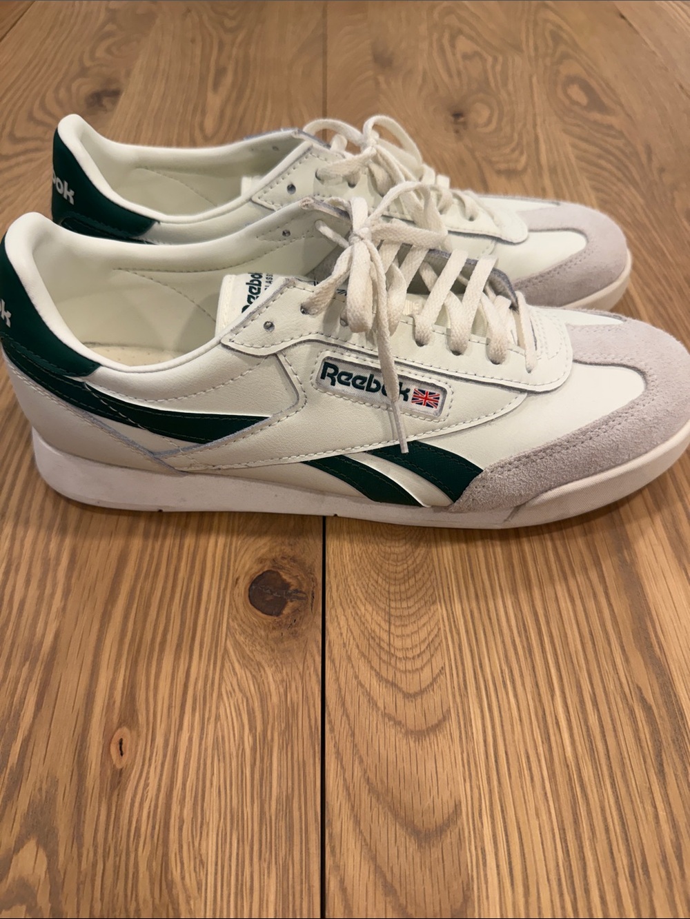 Reebok Women’s White Leather Sneakers with Dark Green Accents